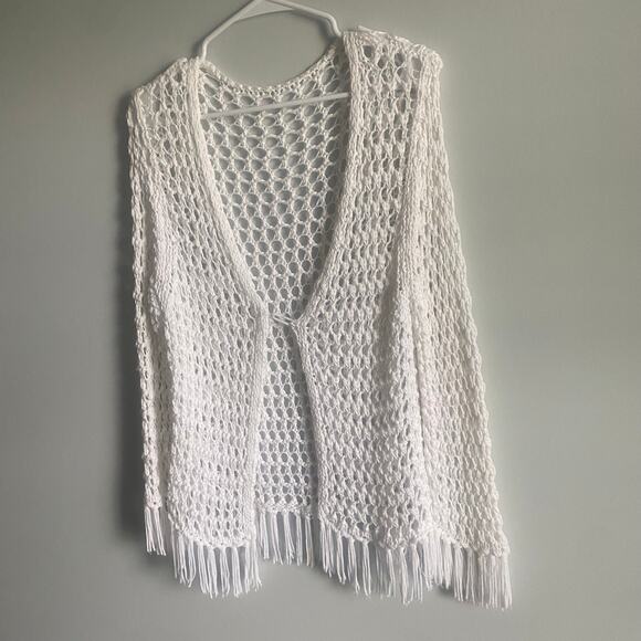 White Knitted Crochet‎ Bohemian Prairie Cottage Core Cardigan Medium-Large - Picture 3 of 6